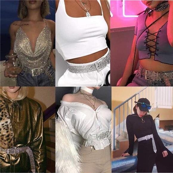 Women Crystal Rhinestone Chain Waist Belt Party Club Sparkle Waistband - Picture 5 of 7